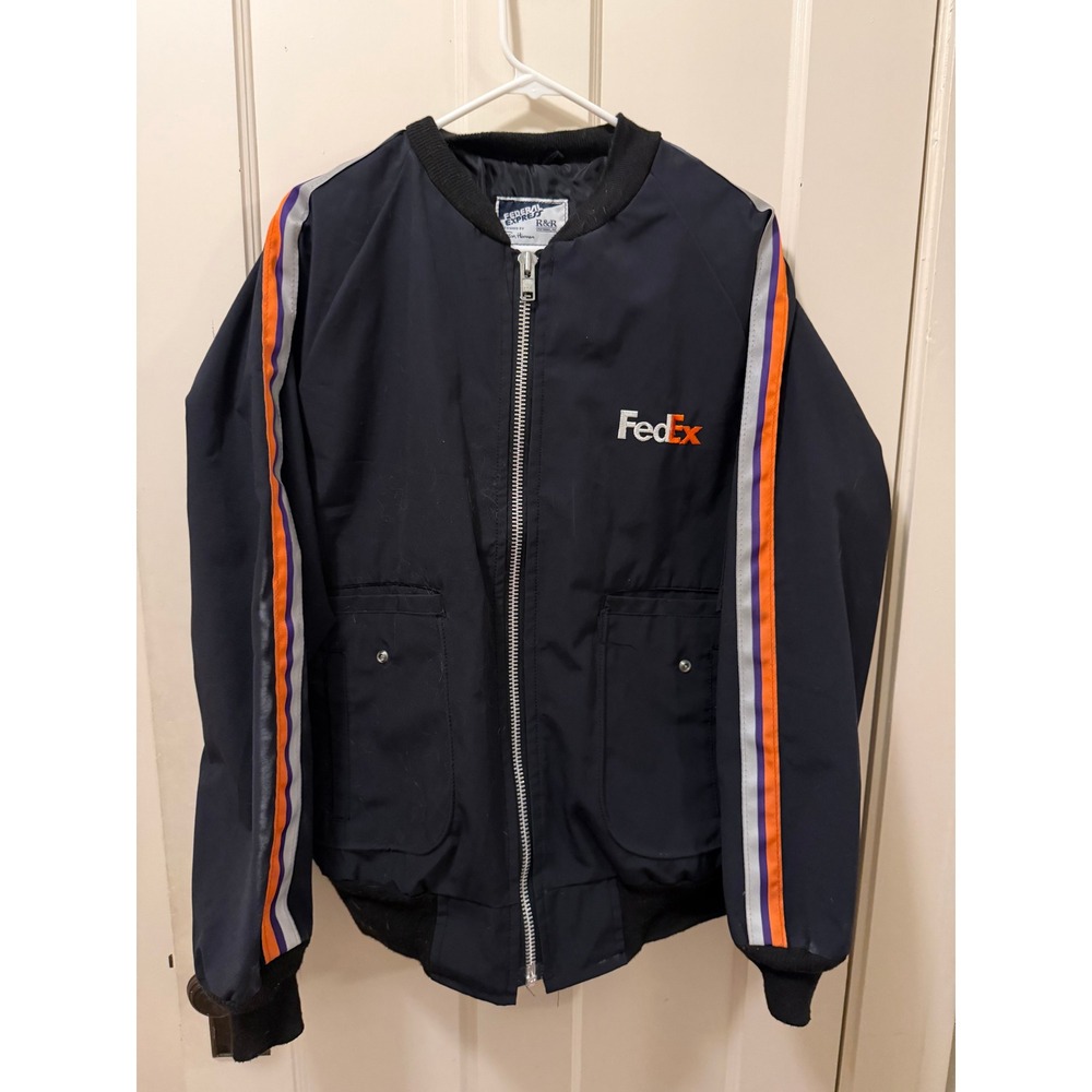 Vintage FedEx Federal Express Stan Herman Bomber Jacket Navy Blue Large Long